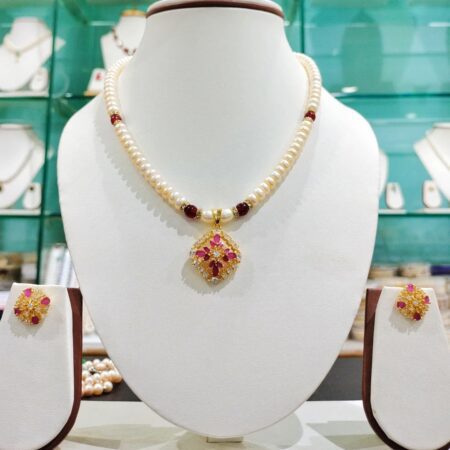 Elegant Single Line Pearls Set featuring smooth, lustrous pearls arranged in a classic design for a timeless, sophisticated look.