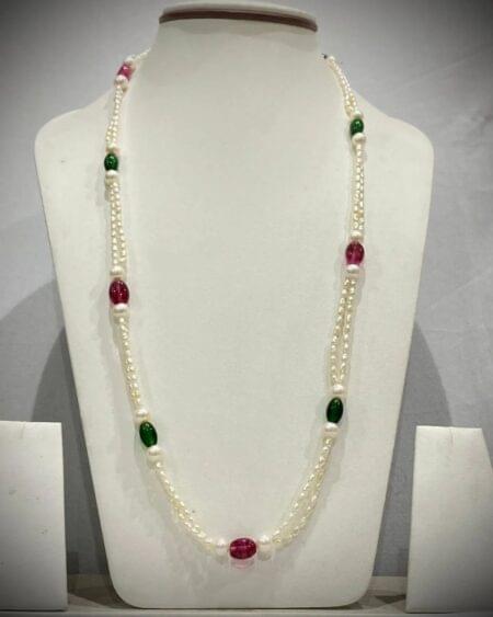 Two Line Rice Pearl Necklace with Green and Red Stones