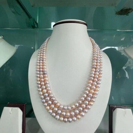 Beautiful 3 Line Gradation Pink Natural Colours Pearls Set, featuring a smooth gradient of soft pink pearls for an elegant and sophisticated look.