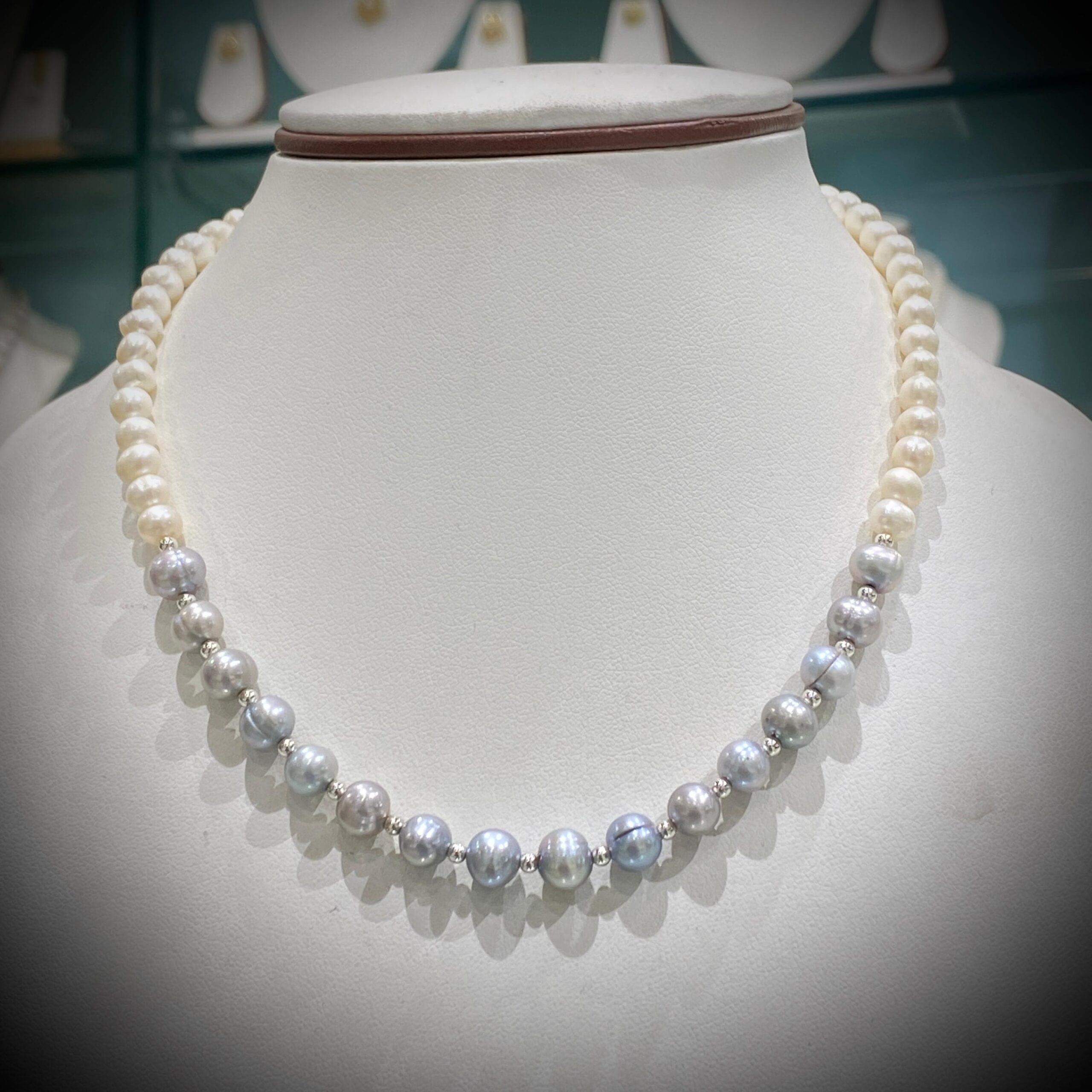 Elegant White and Grey Pearl Necklace showcasing timeless monochrome sophistication.