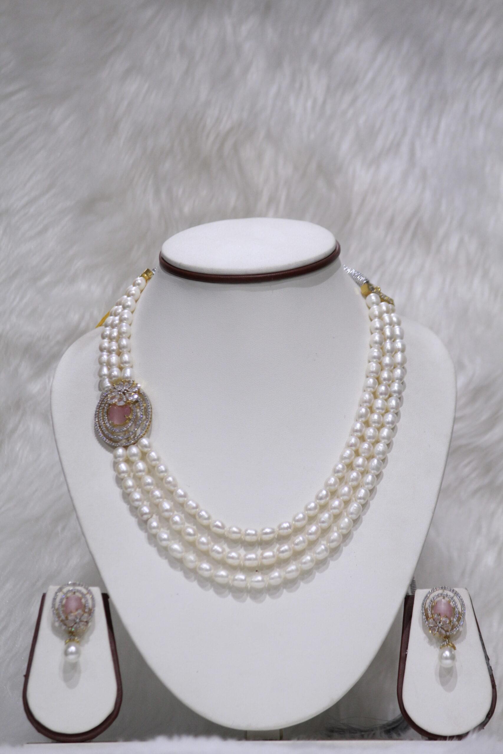 Pearl Necklace Set with Pink Stone Pendant
