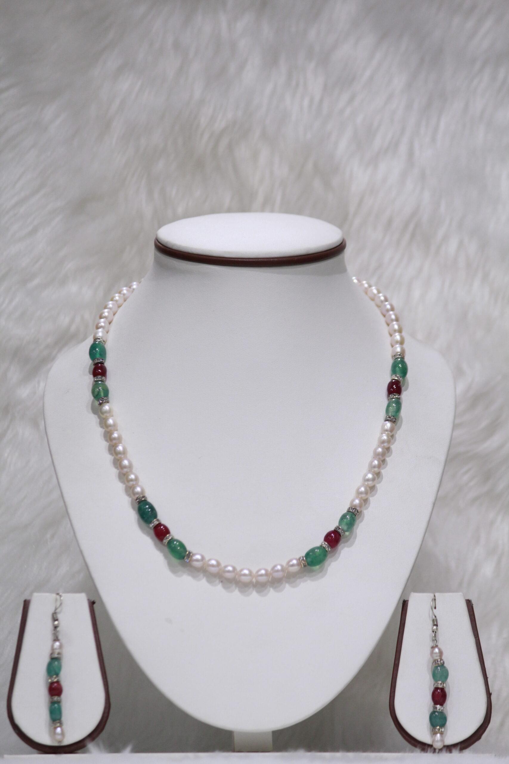 Pearl Necklace Set with Green and Red Stone Accents