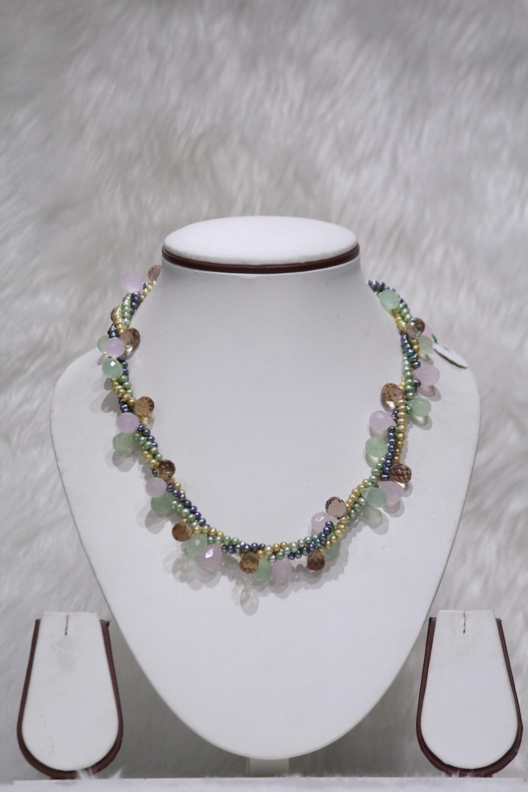 Unique Multicolor Gemstone and Pearl Necklace Set
